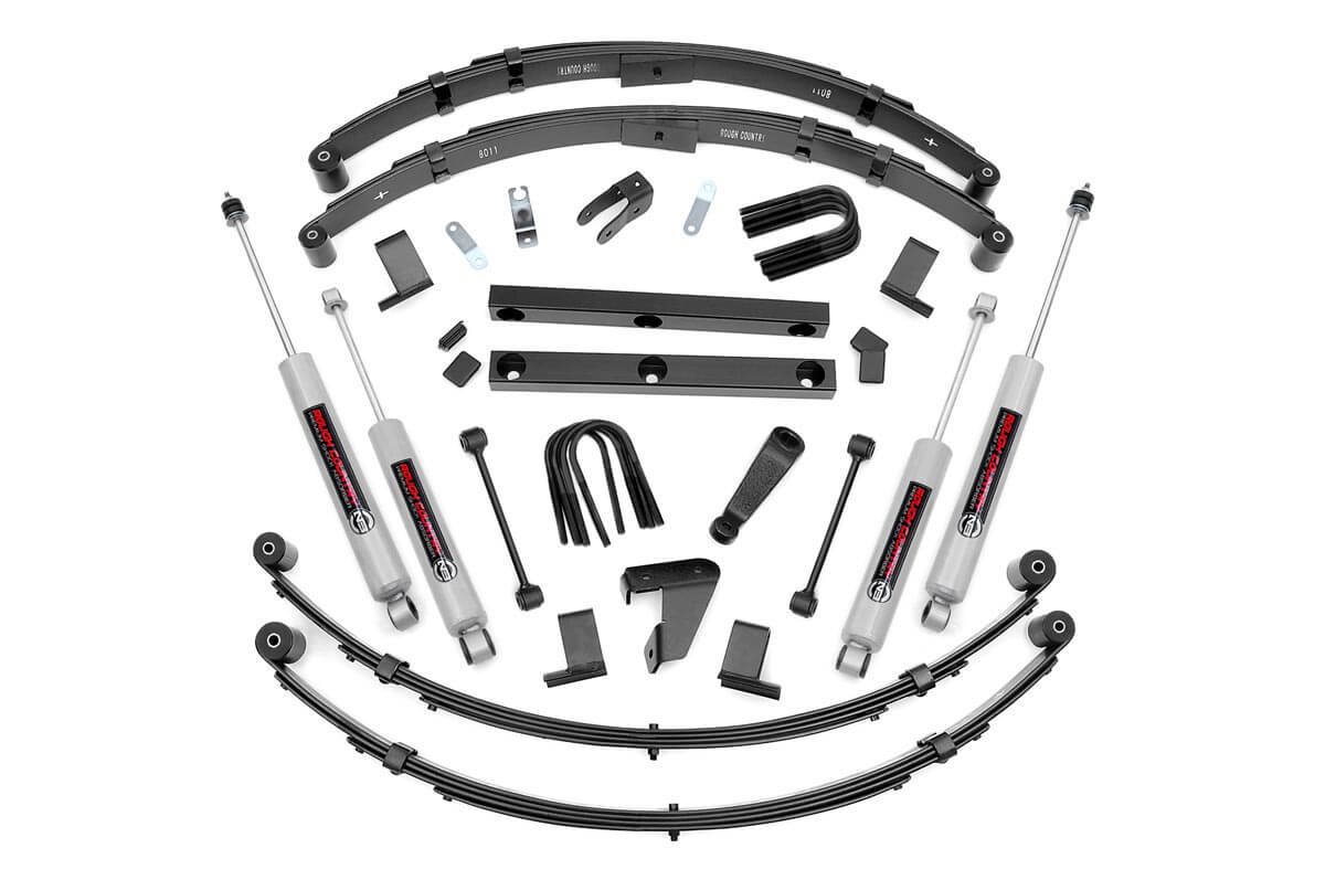 Jeep Wrangler Suspension Lift Kit - Front + Rear - Rough Country - 4 Inch Lift Kit, Power Steer, N2-Series, N3 Shock Absorbers - '87-'95